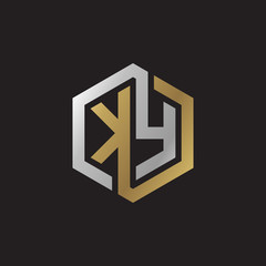 Initial letter KY, looping line, hexagon shape logo, silver gold color on black background
