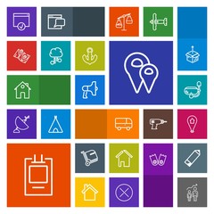 Modern, simple, colorful vector icon set with label, transport, travel, sea, development, communication, personal, megaphone, announcement, luggage, home, anchor, summer, location, house, bag icons