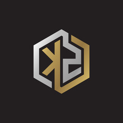 Initial letter KZ, looping line, hexagon shape logo, silver gold color on black background
