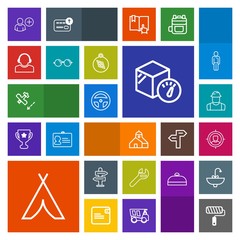 Modern, simple, colorful vector icon set with building, roll, package, direction, brush, arrow, medicine, support, outdoor, center, construction, worker, paint, builder, person, marketing, camp icons