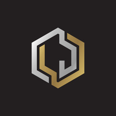 Fototapeta premium Initial letter LJ, looping line, hexagon shape logo, silver gold color on black background