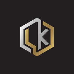 Initial letter LK, looping line, hexagon shape logo, silver gold color on black background