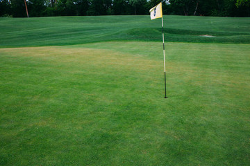 Obraz premium Flag in hole on green golf course