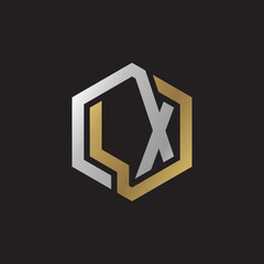 Initial letter LX, looping line, hexagon shape logo, silver gold color on black background