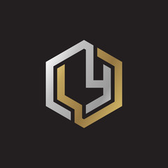 Initial letter LY, looping line, hexagon shape logo, silver gold color on black background