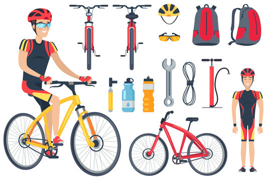 Cyclist and Bicycle Tools Set Vector Illustration
