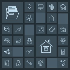 Modern, simple, dark vector icon set with camera, planet, young, home, white, guitar, contract, woman, drink, tripod, girl, building, video, app, cocktail, office, paper, record, blank, aircraft icons