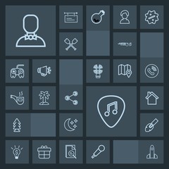 Modern, simple, dark vector icon set with construction, social, palm, sport, music, internet, shuttle, hit, white, shovel, concept, idea, launch, environment, profile, cell, hobby, tree, ball icons