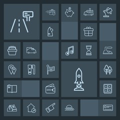 Modern, simple, dark vector icon set with america, landscape, morning, holiday, sign, forest, cheque, gift, road, street, technology, traffic, rocket, sunrise, roof, money, open, brush, nature icons