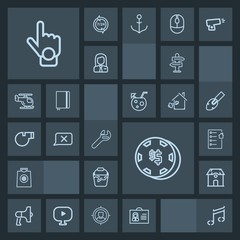 Modern, simple, dark vector icon set with estate, loudspeaker, equipment, speaker, buy, clean, direction, hand, spanner, way, sound, house, retail, profile, container, music, luck, person, home icons