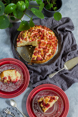 Easy rhubarb cake. Grey background, red plates and green pilea/plant.