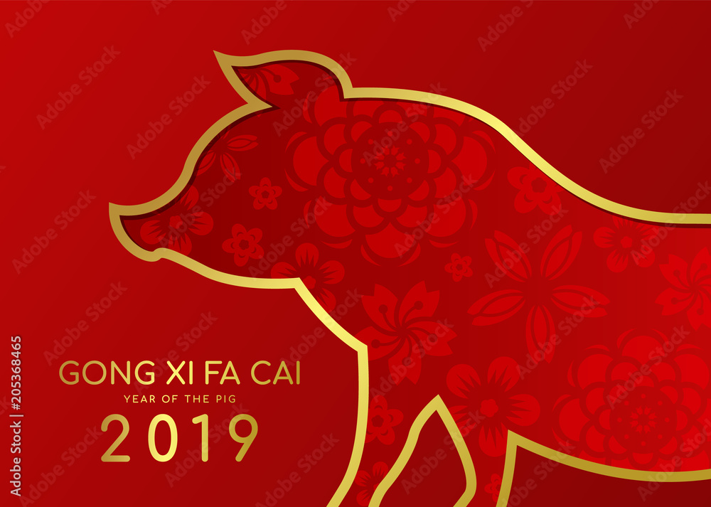 Poster chinese new year 2019 card with abstract gold border line pig zodiac and abstract flower texture on 