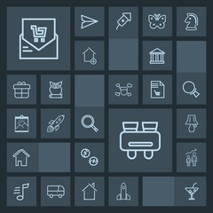 Modern, simple, dark vector icon set with cocktail, greek, sky, glass, supermarket, tune, retail, bulb, switch, house, music, watch, receipt, space, musical, development, list, sound, growth icons