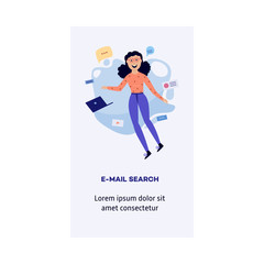 Young cheerful woman in casual clothing flying in blue cloud with media windows, files laptops and pictures. Accessibility of information poster with text space. Female happy character reading Vector