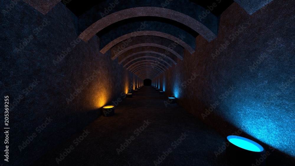 Poster empty space with concrete walls and lamps on the walls spreading soft diffused light. 3d rendering.