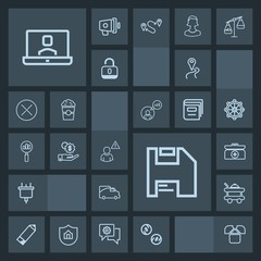 Modern, simple, dark vector icon set with plug, box, route, vehicle, white, emergency, map, transport, diskette, aid, video, power, cross, food, service, currency, finance, tshirt, cash, traffic icons