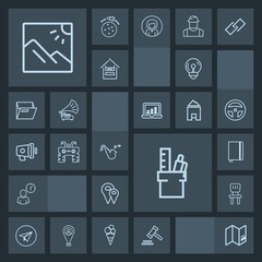 Modern, simple, dark vector icon set with interior, landscape, courthouse, email, paper, office, chair, trumpet, musical, world, electricity, location, comfortable, room, law, web, home, clock icons