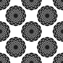 Seamless pattern with abstract flowers. Fashion textile print. Asian fabric background. Vector monochrome design. Perforation floral holes.