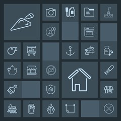 Modern, simple, dark vector icon set with construction, close, curtain, estate, architecture, home, ocean, property, paint, war, kettle, equipment, kitchen, note, medicine, cooking, white, house icons