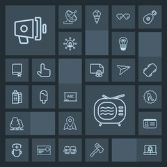 Modern, simple, dark vector icon set with call, speaker, name, map, technology, tv, circle, communication, electric, megaphone, location, electricity, lamp, medical, board, loudspeaker, bulb, id icons