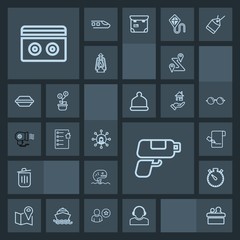 Modern, simple, dark vector icon set with technology, game, stereo, pin, fish, pen, travel, food, conference, document, trash, public, bin, presentation, watch, communication, service, tape, map icons
