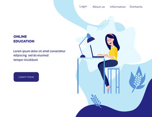 Online distant education concept poster with young girl student sitting at desk typing on laptop smiling on blue background with abstract shapes, leaves, space for text. Vector cartoon illustration