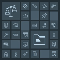 Modern, simple, dark vector icon set with blank, tower, house, book, equipment, address, architecture, clock, machine, click, estate, contact, page, zoom, sign, mouse, guitar, folder, railway icons