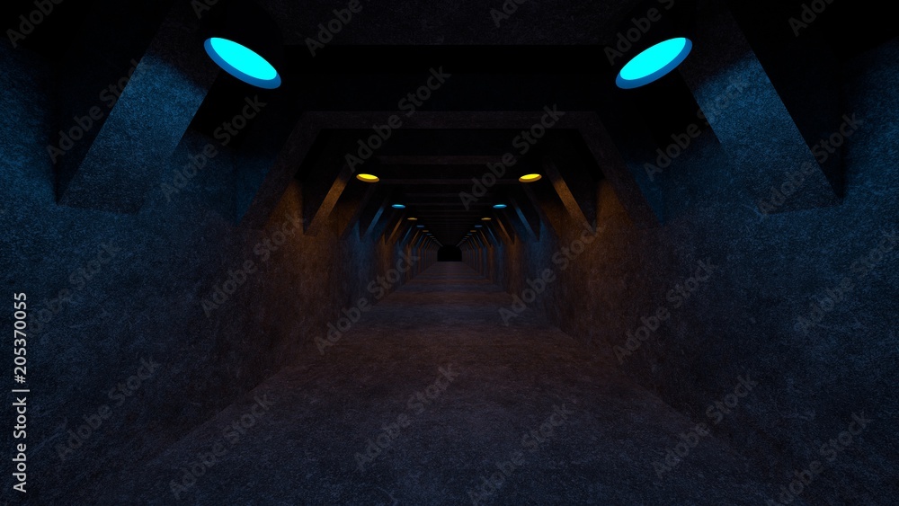 Poster empty space with concrete walls and lamps on the walls spreading soft diffused light. 3d rendering.