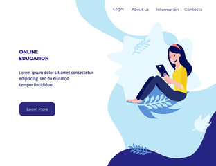 Online distant education concept poster with young girl student sitting holding graduation diploma smiling on blue background with abstract shapes, leaves, space for text. Vector cartoon illustration