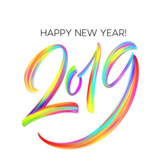2019 New Year of a colorful brushstroke oil or acrylic paint lettering calligraphy design element. Vector illustration