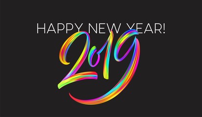 2019 New Year of a colorful brushstroke oil or acrylic paint lettering calligraphy design element. Vector illustration