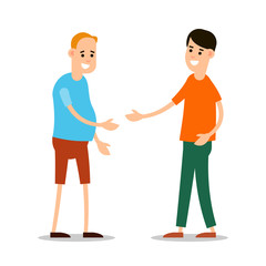 Young man standing and greet each other. Group of young people. Funny cartoon guy in various poses. Cartoon illustration isolated on white background in flat style