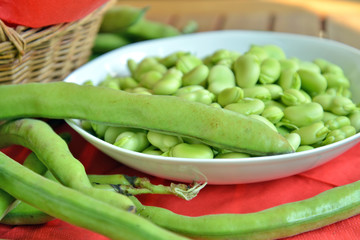 fave fresche ,sbucciate dentro ad un piatto, a fianco le fave con la buccia