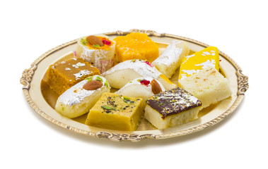 Indian Delicious Mix Sweet Food or Mix Mithai isolated on White Background