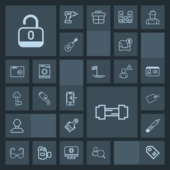 Modern, simple, dark vector icon set with protection, web, price, sale, key, lock, craft, sun, vintage, mobile, open, exercise, glasses, , pencil, furniture, sofa, unlock, account, spaceship icons