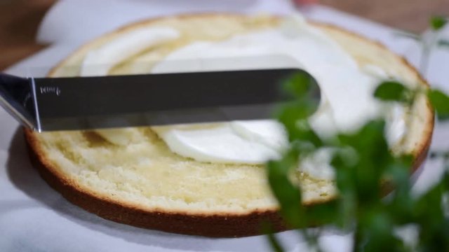 Confectionery spatula dub cream. Cooking cake with cream. Cake with cream.