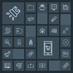 Modern, simple, dark vector icon set with vintage, hammer, app, lantern, stadium, row, online, navigation, sound, play, pitch, saw, kitchen, technology, game, equipment, projection, mobile, food icons