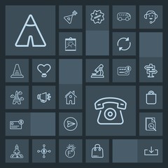 Modern, simple, dark vector icon set with celebration, zoom, people, gift, message, science, home, architecture, credit, camp, building, internet, telephone, estate, reload, sign, rocket, sale icons