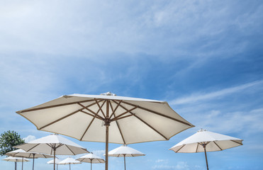 Fototapeta na wymiar The beach umbrellas against the blue sky, sun parasols, thatched parasols,