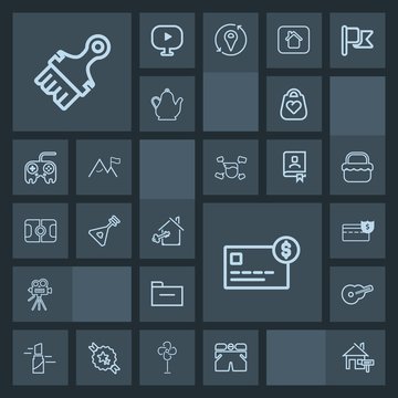 Modern, simple, dark vector icon set with balance, folder, white, soccer, instrument, coin, money, home, leather, house, estate, guitar, pitch, bag, wear, lipstick, business, video, paint, card icons