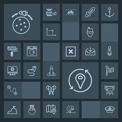 Modern, simple, dark vector icon set with post, mountain, landscape, audio, rocket, shuttle, music, flag, planet, captain, sea, sign, location, america, restroom, hat, national, launch, map, wc icons