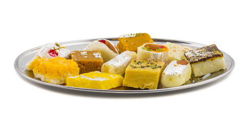 Indian Delicious Mix Sweet Food or Mix Mithai isolated on White Background