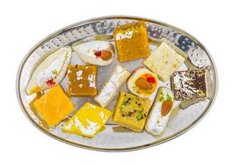 Indian Delicious Mix Sweet Food or Mix Mithai isolated on White Background