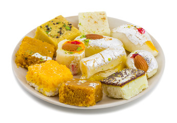 Indian Delicious Mix Sweet Food or Mix Mithai isolated on White Background