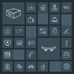 Modern, simple, dark vector icon set with book, estate, skater, medal, stereo, medicine, skateboard, building, white, skate, tag, laboratory, park, bag, sea, curtain, equipment, sale, success icons