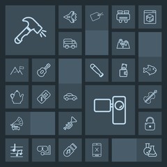 Modern, simple, dark vector icon set with pin, connection, camera, coaxial, road, subscription, note, cello, movie, car, tool, vintage, medicine, protection, map, tripod, laboratory, white, play icons