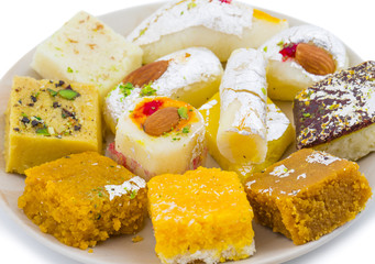 Indian Delicious Mix Sweet Food or Mix Mithai isolated on White Background