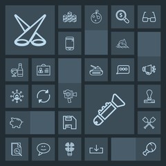 Modern, simple, dark vector icon set with sign, equipment, tool, oar, computer, diskette, wildlife, background, video, stationery, fast, bugle, coin, ocean, water, bank, stamp, web, money, food icons