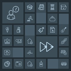 Modern, simple, dark vector icon set with blade, leather, button, bag, control, style, fight, cash, real, music, building, rewind, medieval, surfing, remote, boxing, surfer, clock, glass, home icons