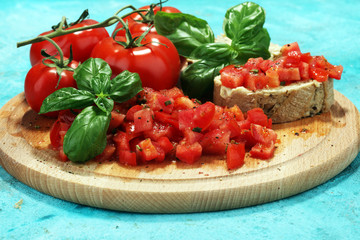 fresh tomato bruschetta. italian food appetizer with basil